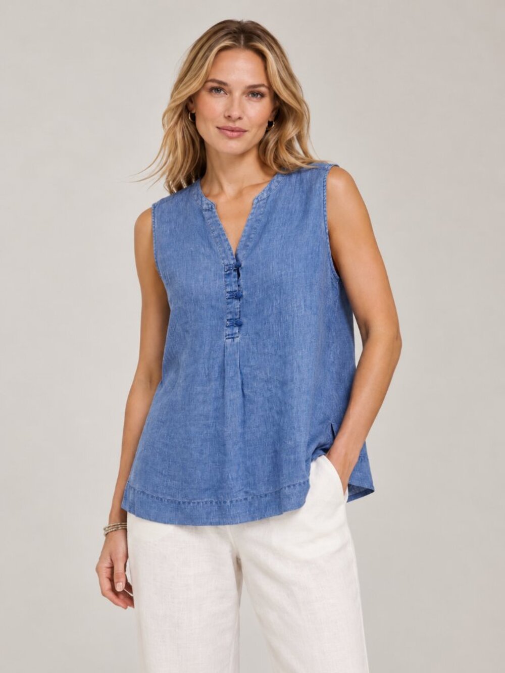 J. Jill Blue 100% Linen Sleeveless Tunic Top Chambray Look Size 2X